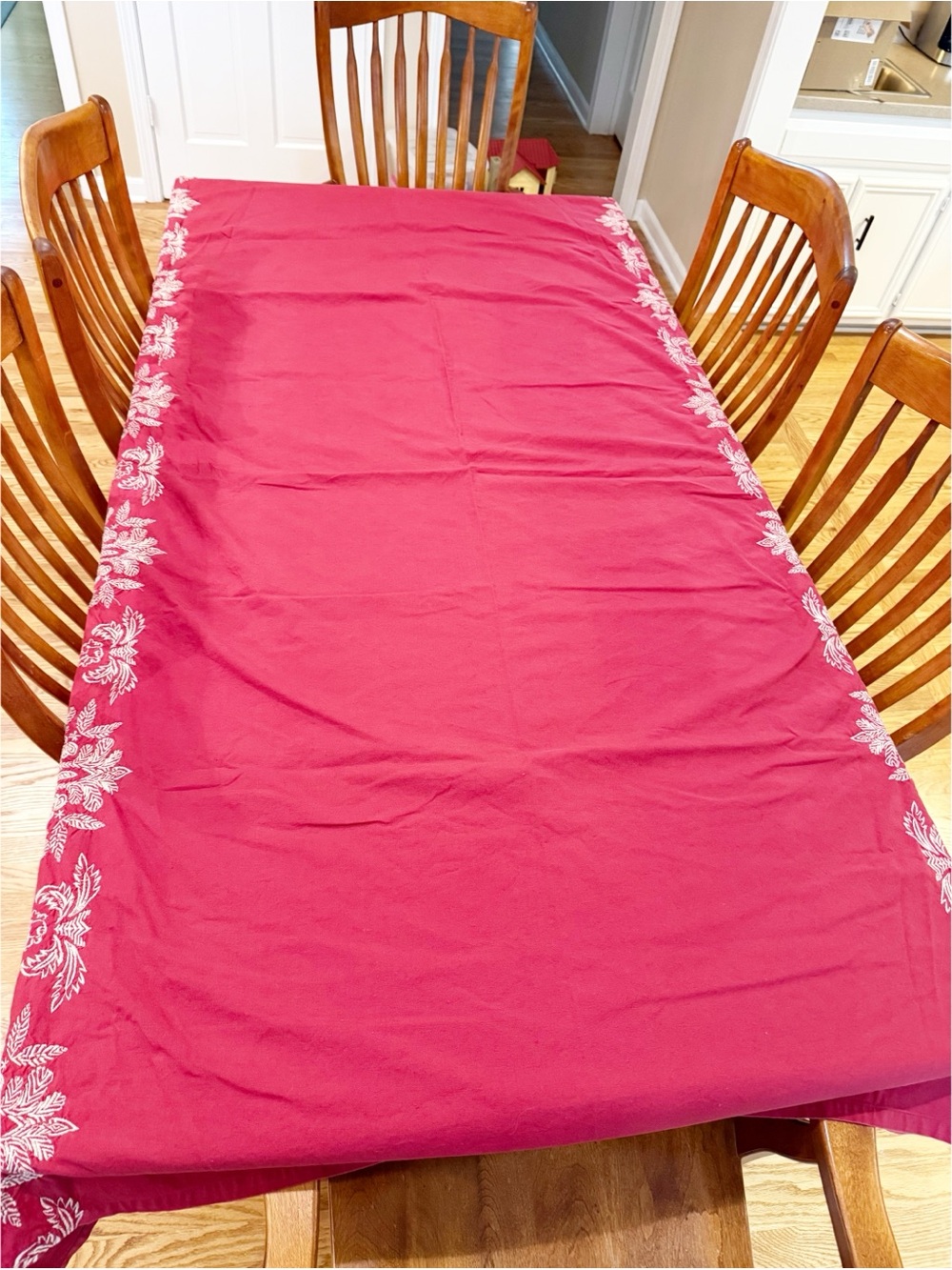 Garnet Hill Red and white Damask Tablecloth 72x50
